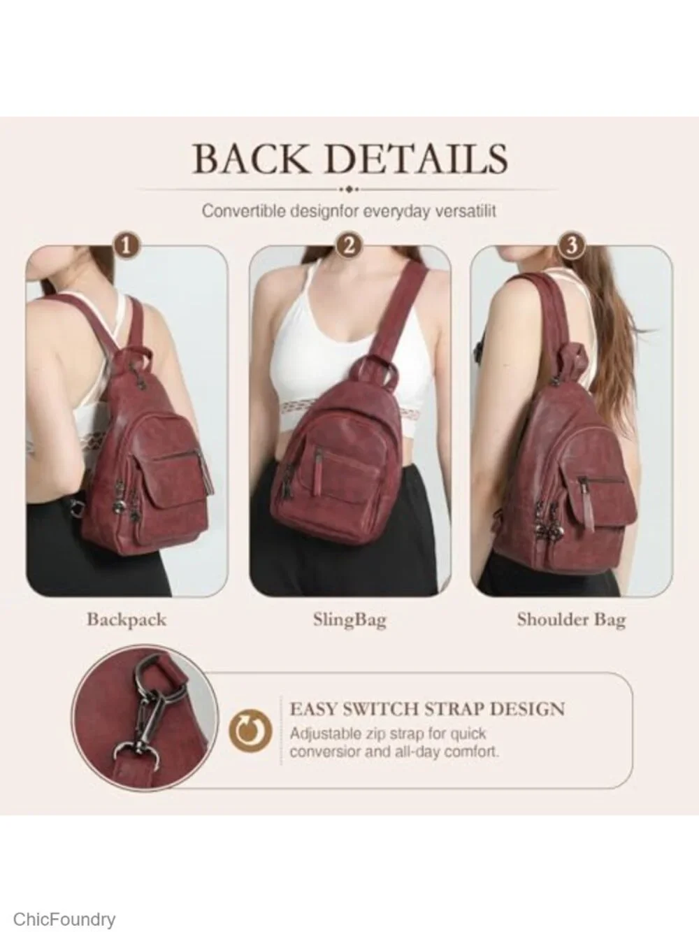 Convertible Sling Backpack Purse Women Anti Theft Travel Daypack Faux Leather
